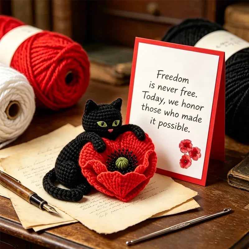 🔥LAST DAY 49% OFF-🌺Handmade Crochet Black Cat with Poppy