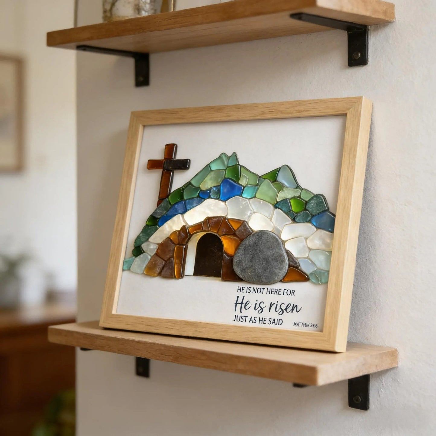 ✝️🌊Sea Glass Empty Tomb Resurrection Wall Art – He Is Risen!