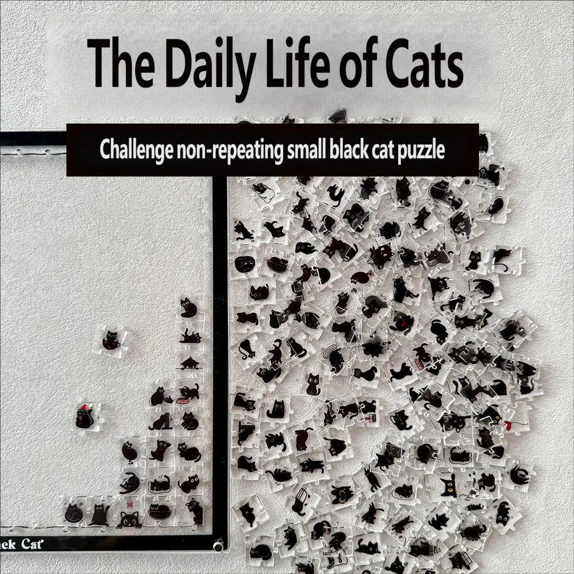 Black, focused, healing acrylic cute cat puzzle with super difficult alien shapes
