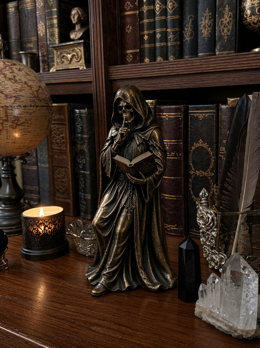 💀Gothic Grim Reaper Bookshelf Statue – Dark Academia Shelf Decor