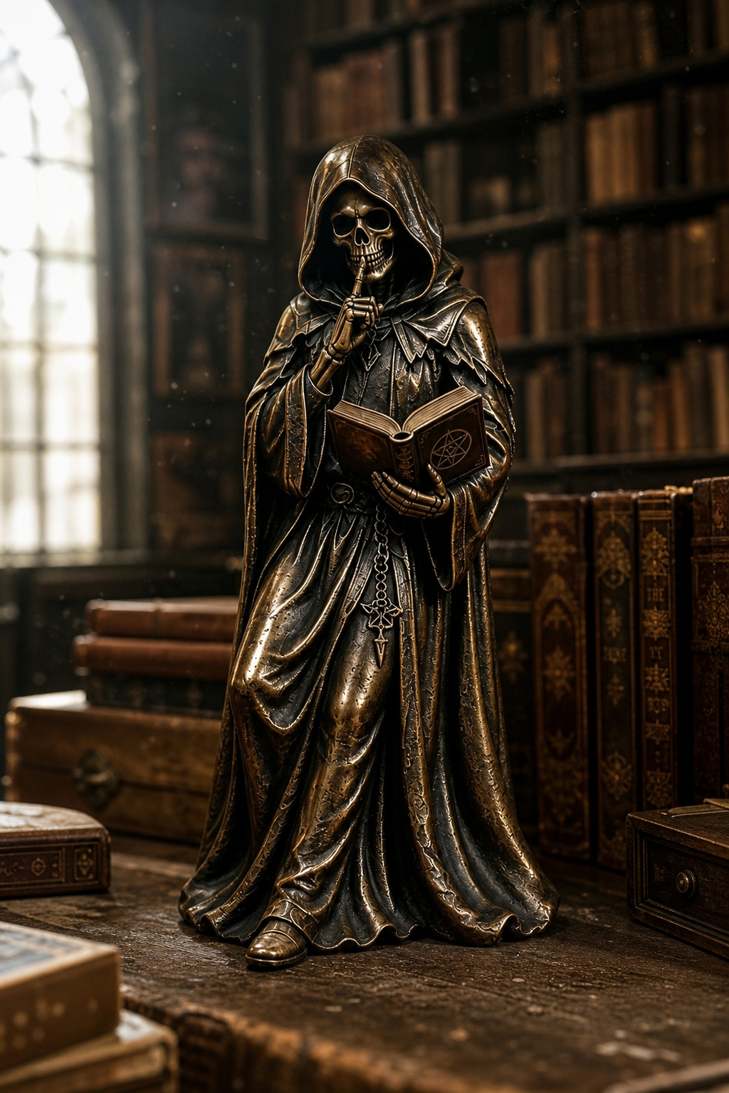 💀Gothic Grim Reaper Bookshelf Statue – Dark Academia Shelf Decor
