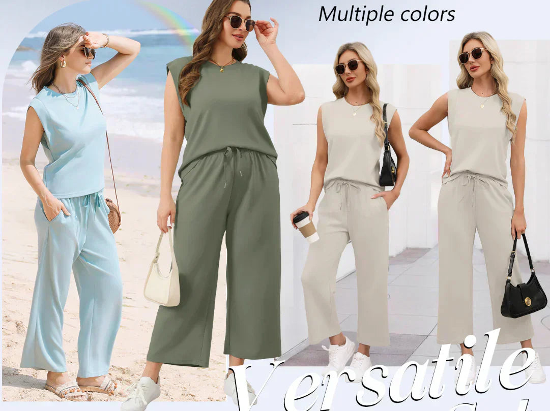 ✨Temporary sale 45% DISCOUNT🎁🌺2025 New casual women's cap-sleeved top with wide leg trousers in two parts