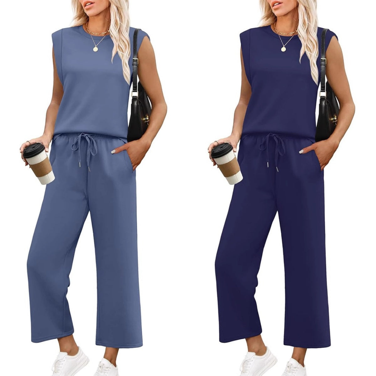 ✨Temporary sale 45% DISCOUNT🎁🌺2025 New casual women's cap-sleeved top with wide leg trousers in two parts
