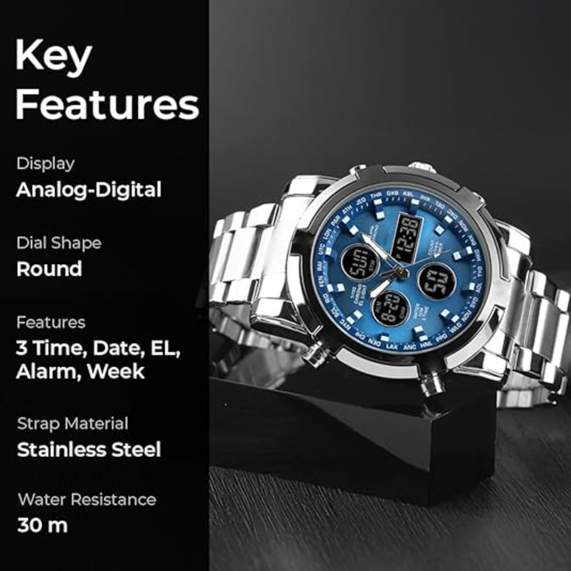 Men's Waterproof Wristwatch – Stainless Steel, Analog-Digital, Shock-Resistant, and Robust Design