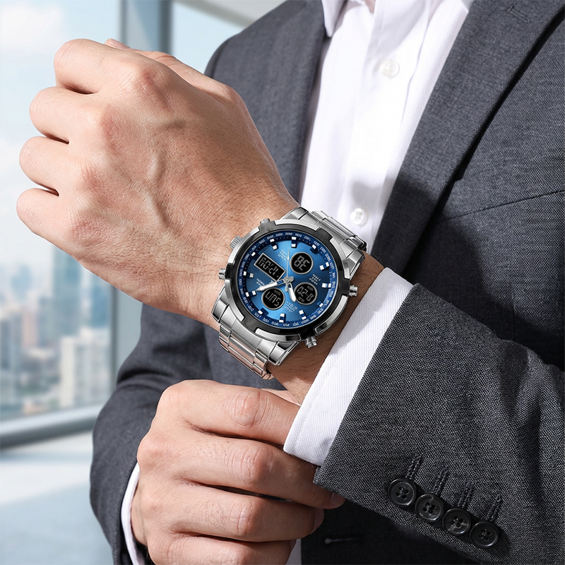Men's Waterproof Wristwatch – Stainless Steel, Analog-Digital, Shock-Resistant, and Robust Design
