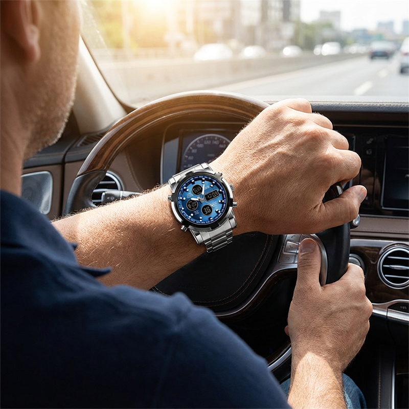 Men's Waterproof Wristwatch – Stainless Steel, Analog-Digital, Shock-Resistant, and Robust Design