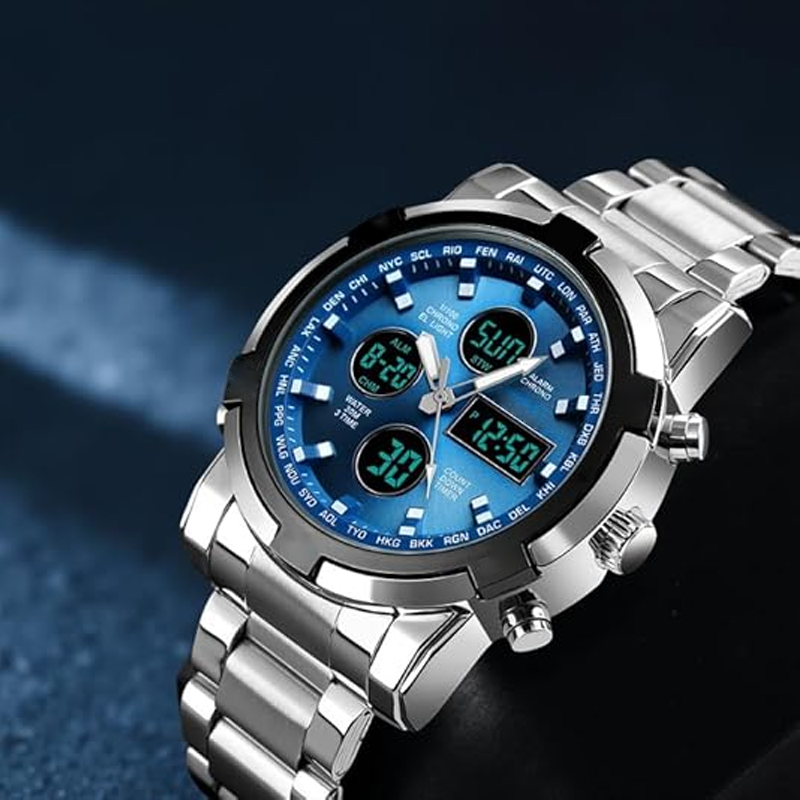 Men's Waterproof Wristwatch – Stainless Steel, Analog-Digital, Shock-Resistant, and Robust Design