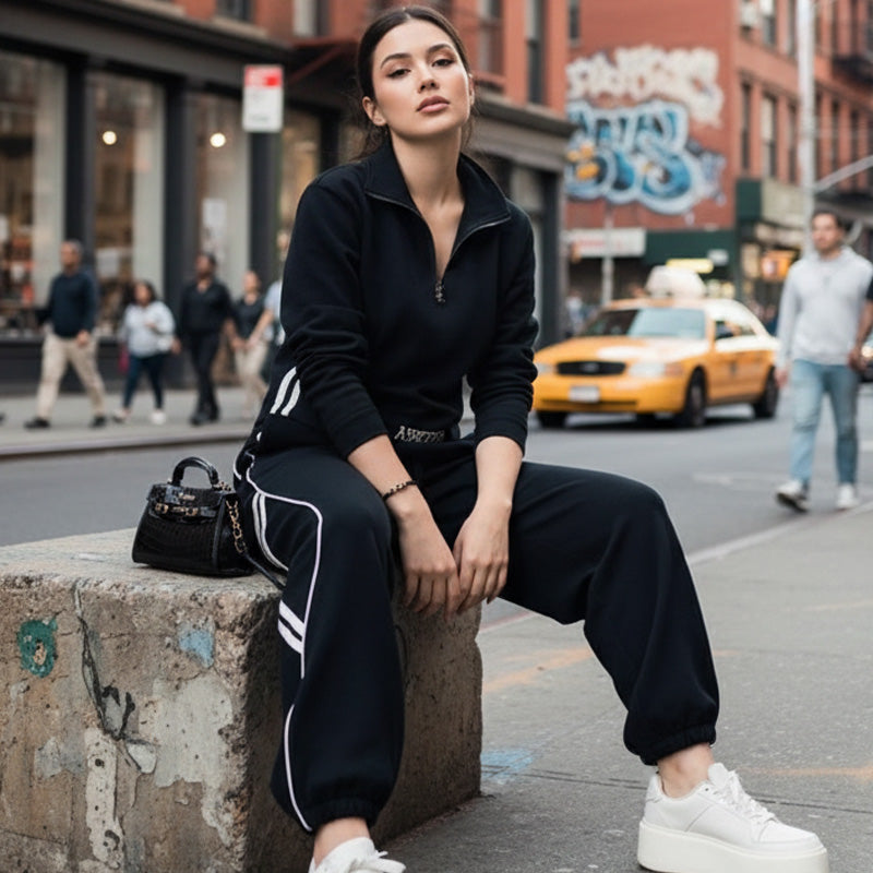 Women's leisure tracksuit set with half zip