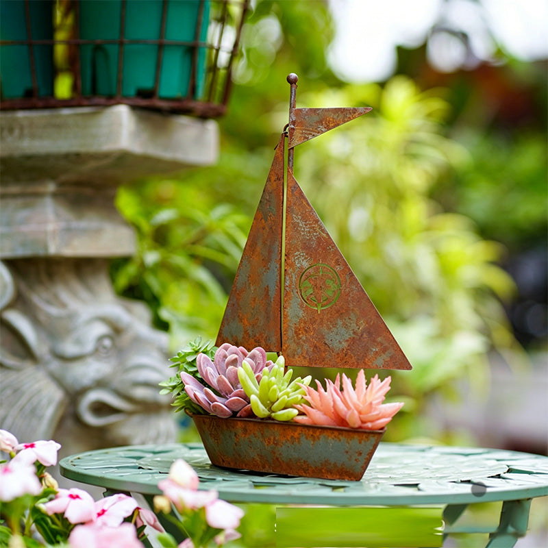 ⛵ 50% OFF NOW! 🌱 Rustic Sailboat Metal Planter – Handcrafted 🏡